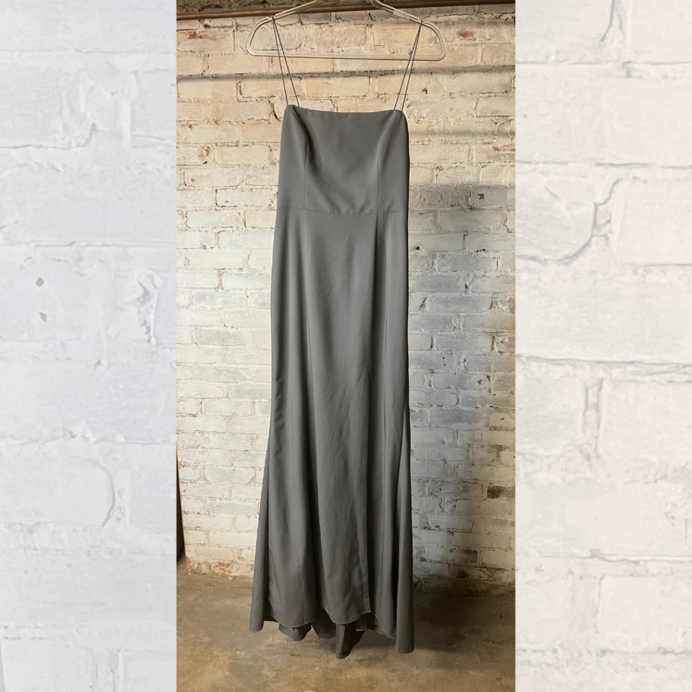 amsale graphite square neckline open back fit to flare bridesmaid dress [size 8]